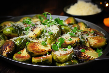Brussels sprouts are roasted until crispy and topped with grated Parmesan cheese, ideal as a side dish - obrazy, fototapety, plakaty