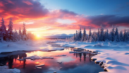 Winter wonderland at sunset. Frozen river on sunrise background. Snowy forest, dreamy purple clouds, blue sky and sunlight