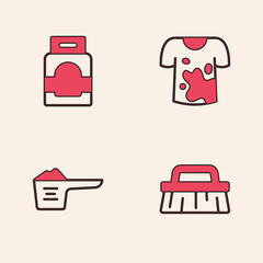 Set Brush for cleaning, Laundry detergent, Dirty t-shirt and Washing powder icon. Vector