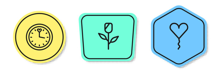 Set line Clock, Flower rose and Balloon in form of heart. Colored shapes. Vector
