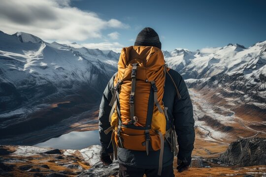 A person with a backpack standing on a mountain. Imaginary AI picture.