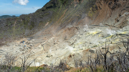 Hakone, Kanagawa, Japan. August 29, 2023.  Owakudani is an active volcanic valley on Mt. Hakone, known as the Valley of Hell which has yellow sulfuric fumes from the active volcano. 