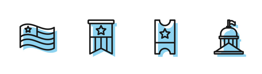 Set line Baseball ticket, American flag, and White House icon. Vector