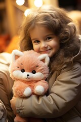 A little girl is holding a stuffed animal. Imaginary AI picture.