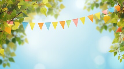 vector art of colorful pennant string decoration in green tree foliage on blue sky, summer party background template banner with copy space - obrazy, fototapety, plakaty