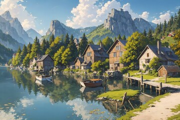 Fototapeta premium Explore the idyllic beauty of a rustic village nestled by a calm lake in this AI-generated artwork. Quaint cottages, wooden piers, and colorful boats reflect on the water, inviting viewers to embrace 