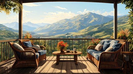 vector art of Decorate with rattan furniture outdoors with a mountain view