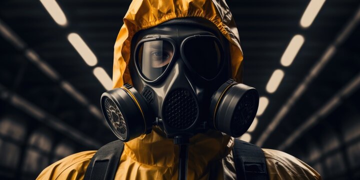 A man wearing a gas mask and yellow jacket. Imaginary AI picture.