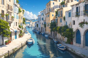 Fototapeta na wymiar Seaside Escape Mediterranean Coastal Beauty Discover the tranquility of a Mediterranean coastal village through AI art, featuring whitewashed architecture, azure waters, and a promise of relaxation 