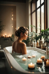 A beautiful woman takes a bath by candlelight in a beautiful spacious room with large windows. Spa, relax, rest, care concepts