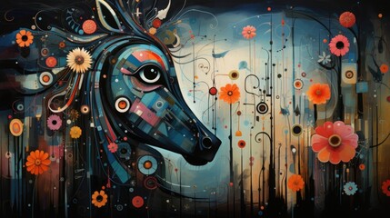 A painting of a horse's head surrounded by flowers. Fiction, made with AI.