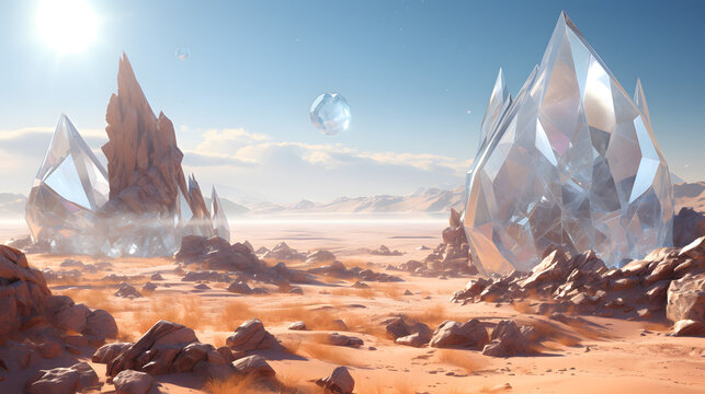 A fantastical desert landscape illustration with mountains and the moon made of glass and diamonds in a fictional world