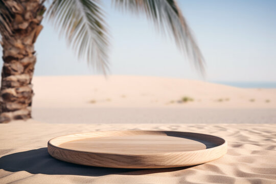Wooden round podium on sandy beach with palm tree and sand dunes in background. High quality photo
