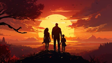Vector art of happy family at sunset. Father, mother and two daughters having fun and playing with autumn nature.