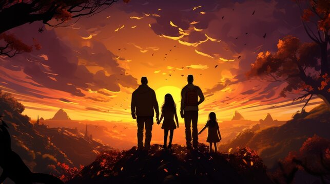 Vector art of happy family at sunset. Father, mother and two daughters having fun and playing with autumn nature.