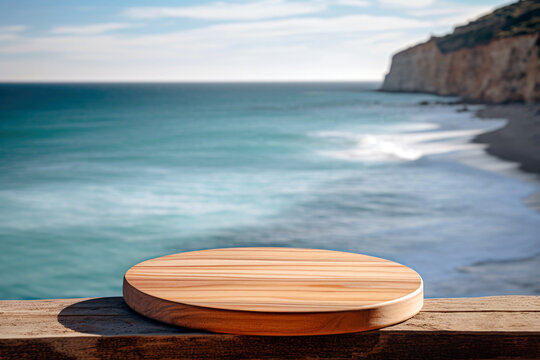 Wooden chop on the table top with the background of the sea and blue sky. High quality photo