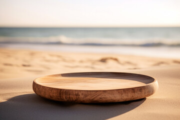 Wooden round plate on sand beach with sea and ocean background. High quality photo - obrazy, fototapety, plakaty