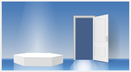 The interior of an empty room with a door and a white podium.
Free space for copying, 3d image.
