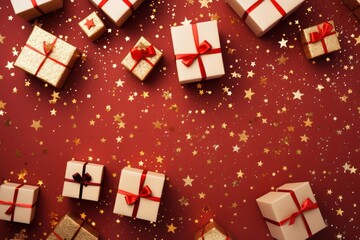 Fototapeta na wymiar Flat lay of festive gift boxes adorned with red silk ribbons, surrounded by stylish ornaments, golden baubles and stars on dark background with copy space. Generative Ai