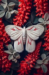 Beautiful white butterfly sits on red flowers.