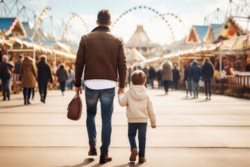 father's day. view from behind of a Dad and his son walking together outdoors at an amusement park.