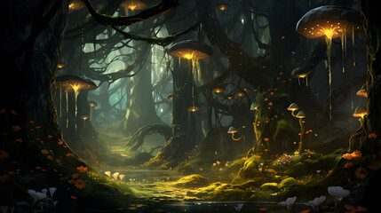 A surreal mystical forest of mushroom trees in a fantasy world swamp illustration wallpaper art