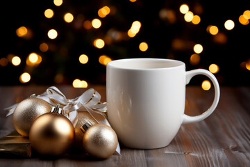 Obraz na płótnie Canvas a mockup photograph of a blank white mug with a christmas theme, ornaments, christmas presents