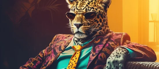 Foto op Plexiglas Animaljaguar portraits, Cool business animal in sunglasses and suit. With copy text space, wide screen. Simple background, Generative AI © dm