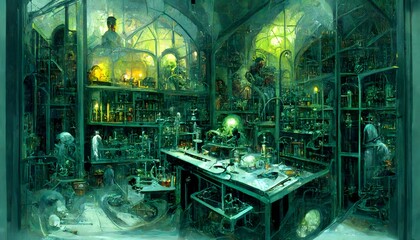 Inside of a mad scientists laboratory viewed from behind glass evil scientist lab operating table experimentation gothic horror mary shelleys frankenstein green lights strange creatures gothic urban  - obrazy, fototapety, plakaty
