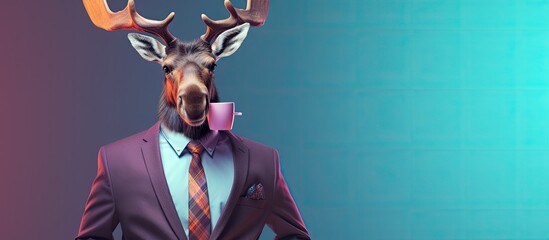 Animal moose portraits, Cool business animal in sunglasses and suit. With copy text space, wide screen. Simple background, Generative AI