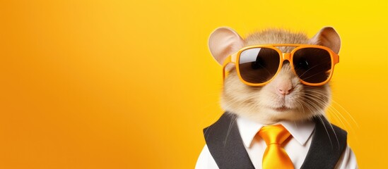 Animal mouse portraits, Cool business animal in sunglasses and suit. With copy text space, wide screen. Simple background, Generative AI