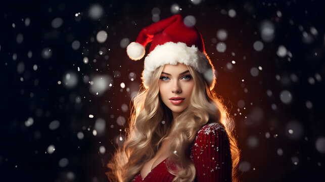 Beautiful young woman in Santa Claus hat. 	
Fashionable young woman in winter clothes over snowy background. Winter background.