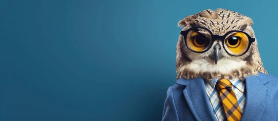 Photo sur Plexiglas Dessins animés de hibou Animal owl portraits, Cool business animal in sunglasses and suit. With copy text space, wide screen. Simple background, Generative AI