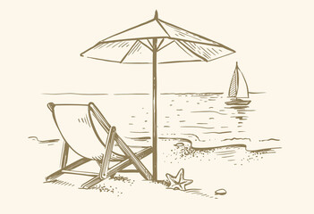 Beach chair with umbrella. Vintage drawing.