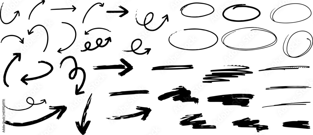 Aufkleber set of hand-drawn arrows, circles and lines. collection of hand drawn arrows on a transparent backgr