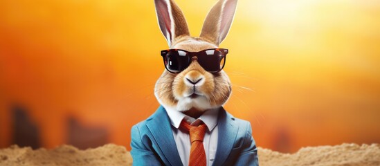 Animal  bunny portraits, Cool business animal in sunglasses and suit. With copy text space, wide screen. Simple background, Generative AI
