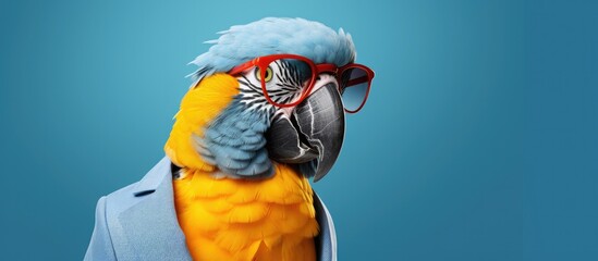 Animal parrot portraits, Cool business animal in sunglasses and suit. With copy text space, wide screen. Simple background, Generative AI