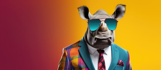 Animal rhino portraits, Cool business animal in sunglasses and suit. With copy text space, wide screen. Simple background, Generative AI