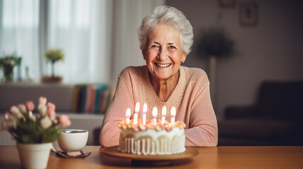 A cheerful senior woman celebrates her 80th birthday alone at home with a festive cake and candles. ai generative - obrazy, fototapety, plakaty