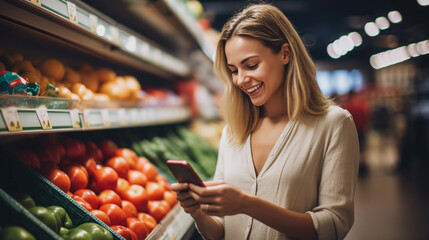 Smiling young woman with smart phone grocery shopping in supermarket. ai generative - obrazy, fototapety, plakaty