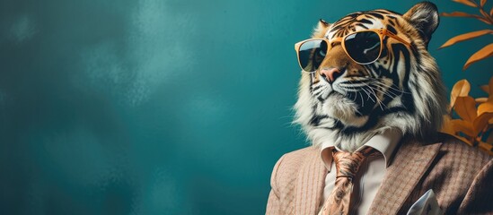 Animal tiger portraits, Cool business animal in sunglasses and suit. With copy text space, wide screen. Simple background, Generative AI