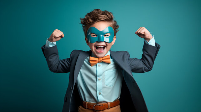 young boy in a superhero costume, striking a triumphant pose with a wide grin. ai generative