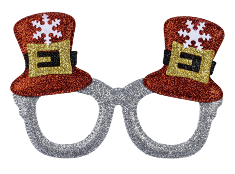 Funny Christmas theme party glasses. Front view, isolated cutout on transparent white background.  Silver with red hats.