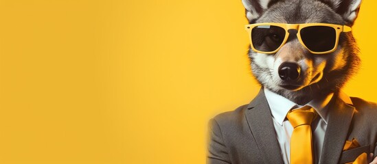 Animal wolf portraits, Cool business animal in sunglasses and suit. With copy text space, wide screen. Simple background, Generative AI