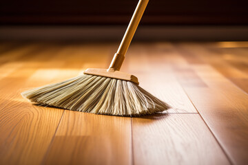  A close-up view of a broom sweeping dust and small debris on a hardwood floor