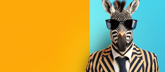 Animal zebra portraits, Cool business animal in sunglasses and suit. With copy text space, wide screen. Simple background, Generative AI