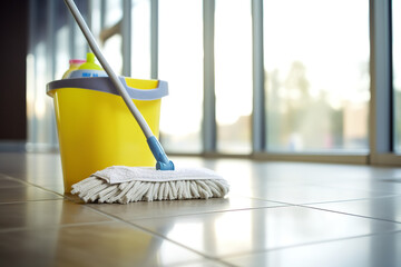 A yellow mop and bucket stand at the ready in a brightly lit, clean bathroom with white tiles, ready to tackle any spills or stains - obrazy, fototapety, plakaty