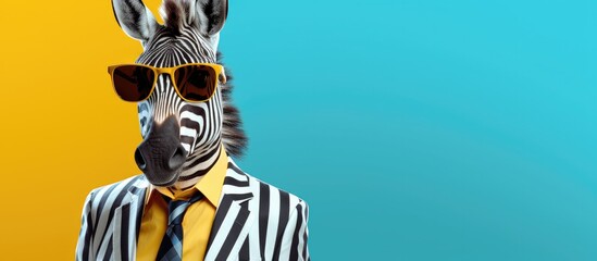 Animal zebra portraits, Cool business animal in sunglasses and suit. With copy text space, wide screen. Simple background, Generative AI