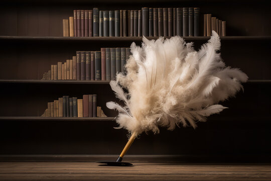 A feather duster is in action, removing layers of dust from a bookshelf filled with books