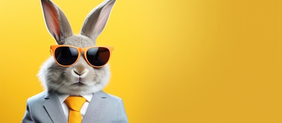 Animal bunny portraits, Cool business animal in sunglasses and suit. With copy text space, wide screen. Simple background, Generative AI
